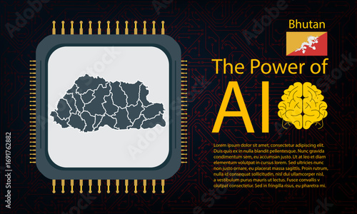 bhutan map with microchip war and AI concept on circuit board, Power of AI with country map. Global connectivity with big data.