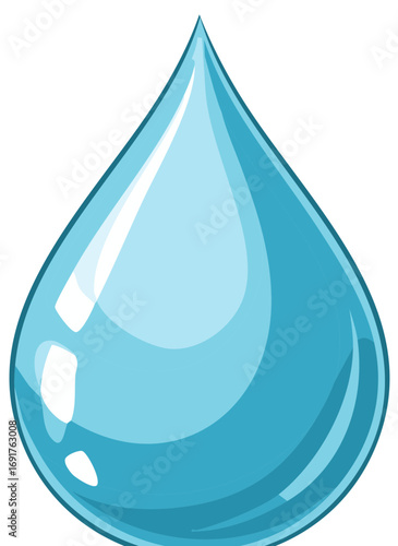 A single translucent blue water drop with light reflections and a curved shape