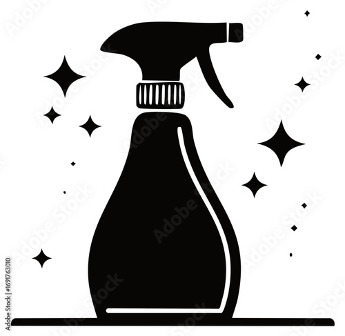 Monochrome cleaning spray bottle with shiny stars, simple illustration