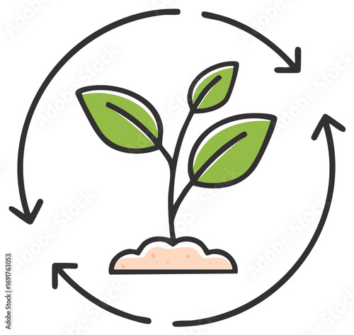 Green seedling in soil with circular arrows indicating a continuous cycle of growth and renewal