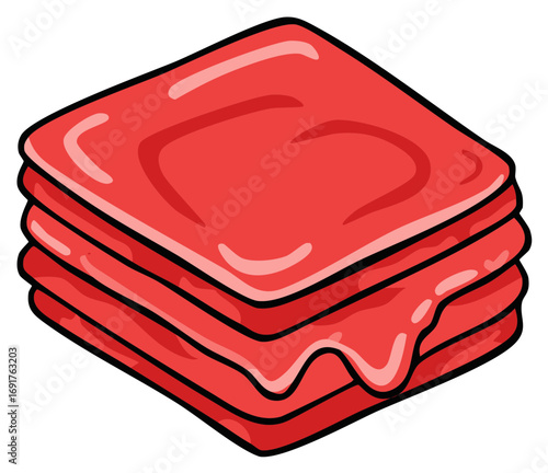 Stack of Deli Slices Cartoon Illustration with Dark Outline Fresh Cold Cuts Food Illustration Square Shaped Luncheon Meat