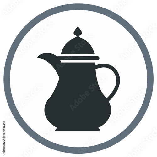 Stylized silhouette of Arabic coffee pot or dallah in circle frame for culinary design and decoration