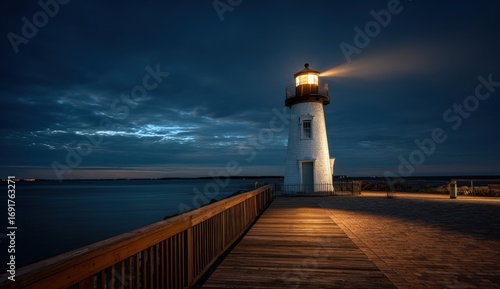 Lighthouse at twilight on a pier