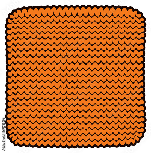 Orange knitted swatch vector illustration with a garter stitch pattern. Cozy handmade textile icon.