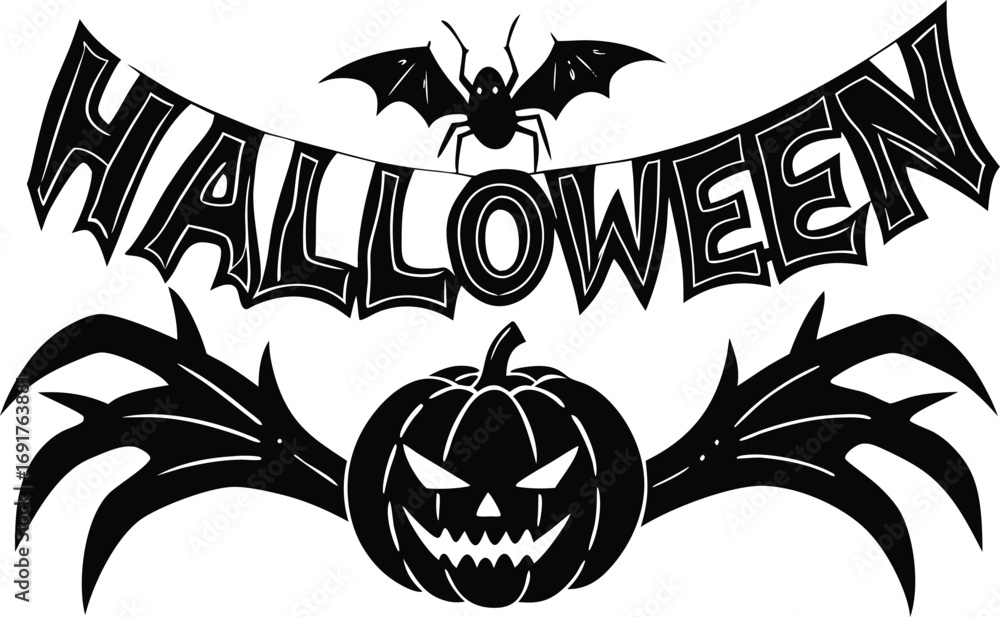 Halloween vector art of a halloweenthemed design displaying a grinning pumpkin with bat wings, topped with a bat banner and the word halloween, all in black and white for a chilling effect