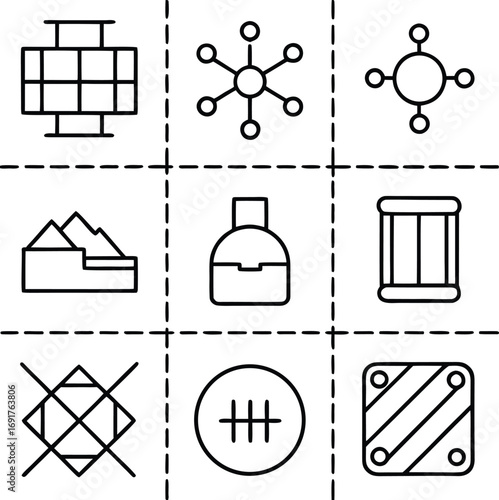 Diverse set of minimalist icons representing technology science and industry concepts
