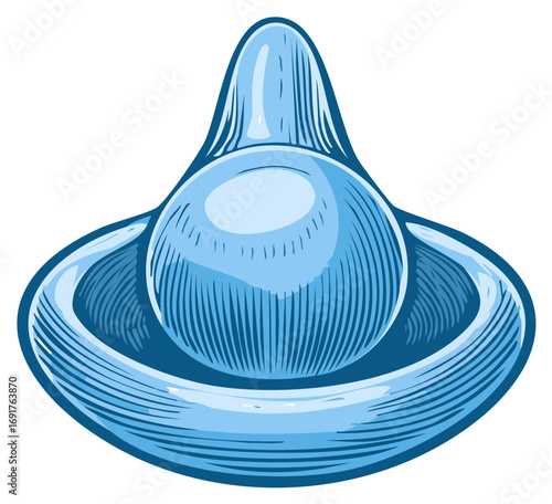 Blue latex condom vector illustration in a hand drawn engraving style for safe sex and contraception concepts