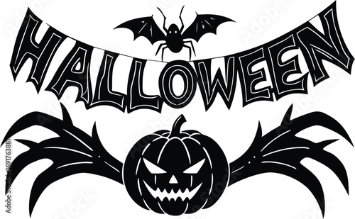 Halloween vector art of a halloweenthemed design displaying a grinning pumpkin with bat wings, topped with a bat banner and the word halloween, all in black and white for a chilling effect