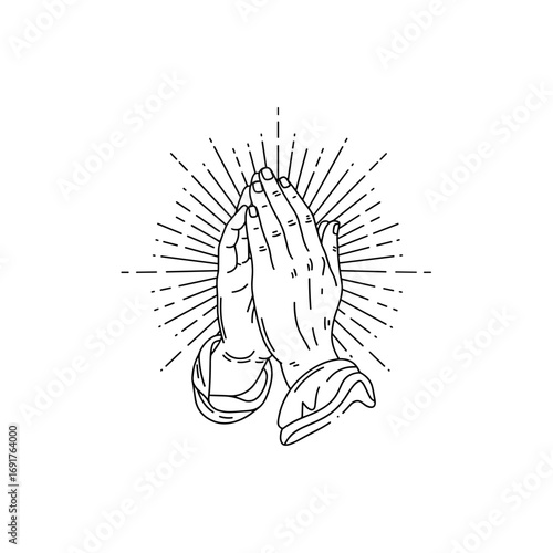 Praying hands with rays of light in simple line art style  