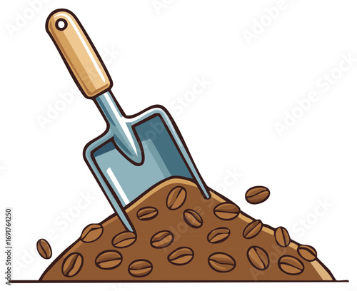 Illustration of coffee beans pile with shovel, agriculture and harvest concept