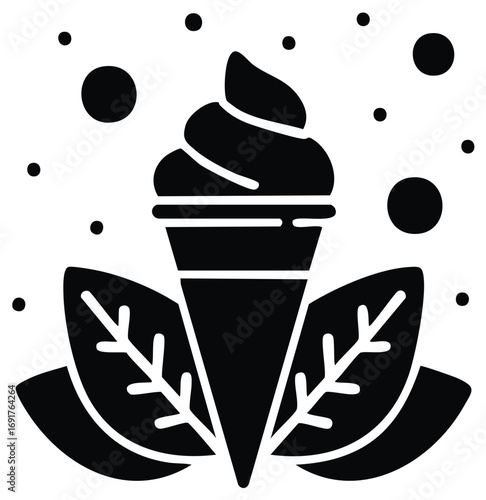Ice Cream Cone with Leaves and Sprinkles Black Silhouette Icon Food Desserts Summer Treat