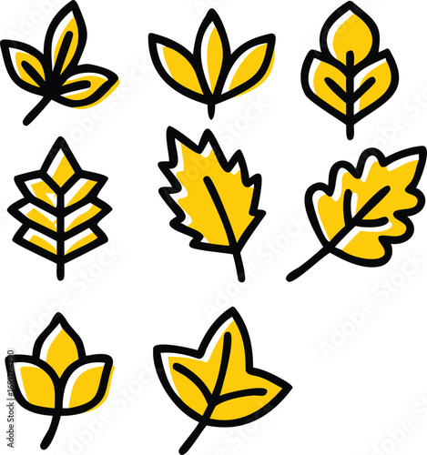 Collection of yellow autumn leaves hand drawn style decorative elements