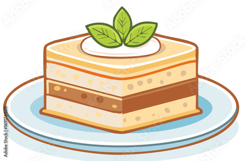 Cake slice illustration served on blue plate with three green mint leaves on top layered cake pastry dessert