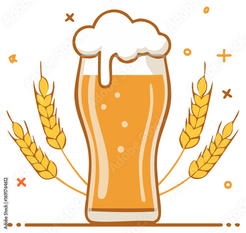 Refreshing Beer Glass with Frothy Head Accompanied by Golden Wheat Spikes