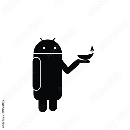 Android robot holding lit diya icon lamp
