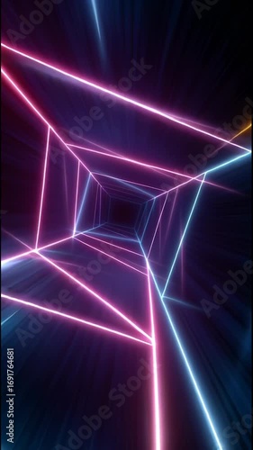 Abstract geometric background glowing neon light tunnel creating vibrant, futuristic, and endless perspective in cyberspace