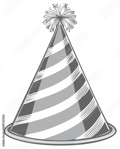 Festive party hat in monochrome with striped conical design and pompom topper