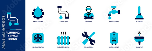 Plumbing and HVAC Blue Colored Outline Icon Set