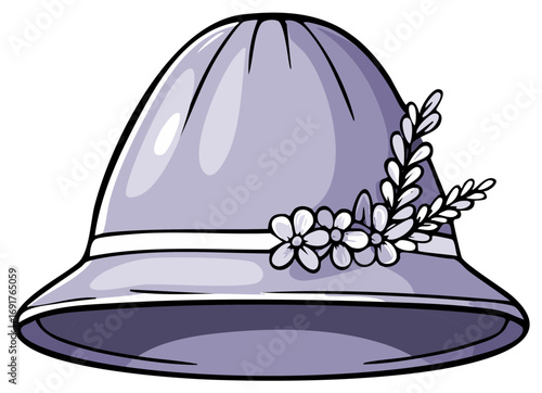 Elegant purple ladies cloche hat with white flowers cartoon illustration