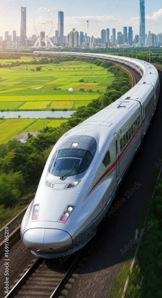 Naklejka premium High-speed Bullet Train Traveling Through Green Countryside in Urban Cityscape