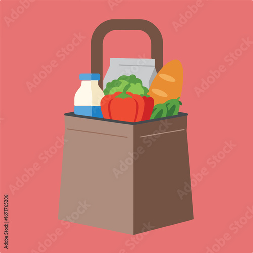 An illustration shows a grocery bag filled with a carton of milk, a box, lettuce, a bell pepper, and a carrot on a salmon-colored background.