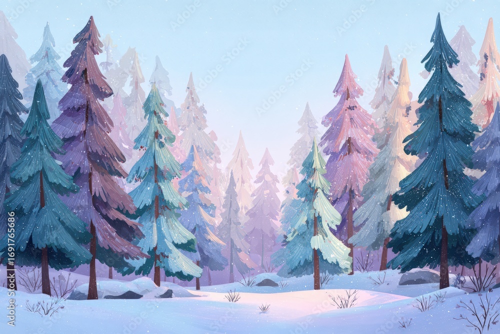 Fototapeta premium Winter forest scene with pastel-colored trees
