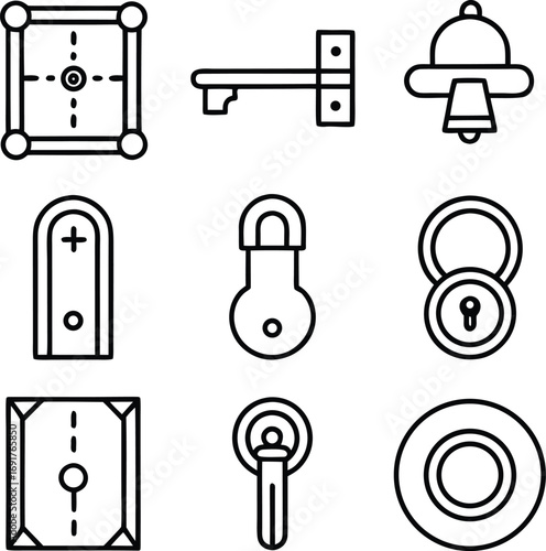 Collection of vintage hardware icons including locks keys hinges and a bell simple outline drawings