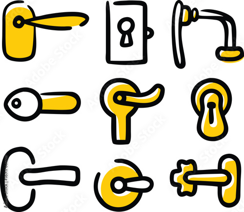 Collection of hand-drawn door handles keys and locks for home security and access