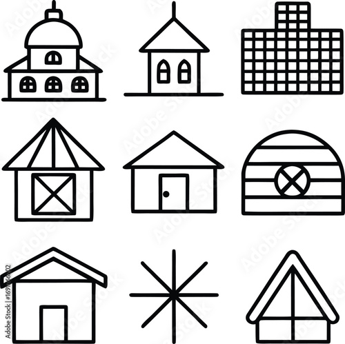 Hand drawn simple building icons set featuring houses churches and modern structures