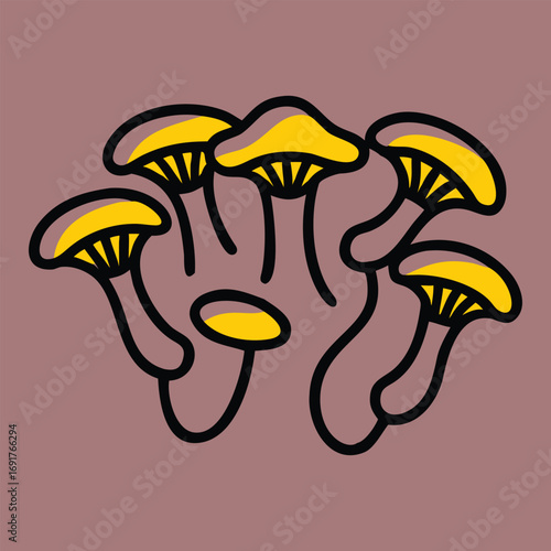Whimsical hand drawn style cluster of golden cap mushrooms with thin stems and gills