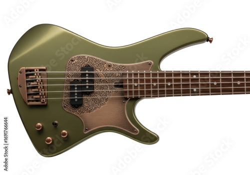 A bespoke, angular electric bass guitar, metallic olive green aluminum body, dark wenge neck, bronze pickguard, on a transparent background, premium musical instrument concept