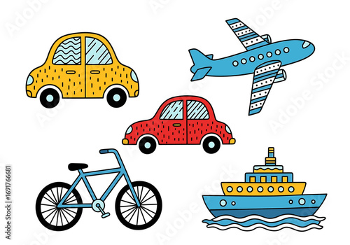 Whimsical Collection of Cartoon Transportation Vehicles for Children.