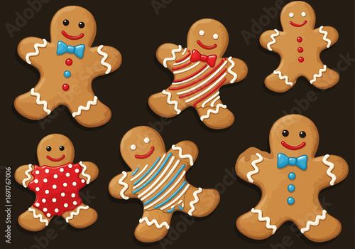 Assortment of smiling gingerbread men cookies with colorful icing decorations.