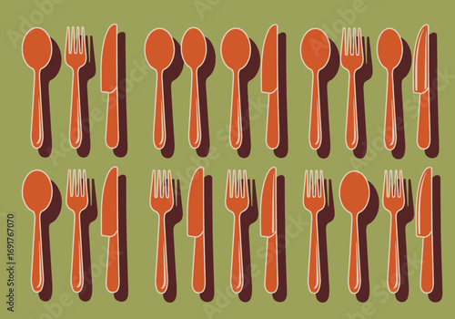 Collection of Rustic Orange Cutlery - Spoons, Forks, and Knives.