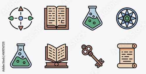 Game elements fantasy adventure icons set vector illustration graphic design