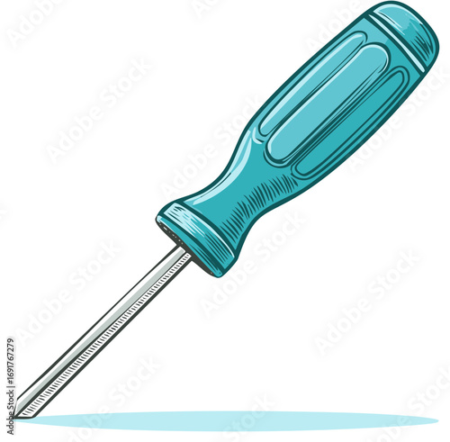 Cartoon illustration of a blue screwdriver with a shadow