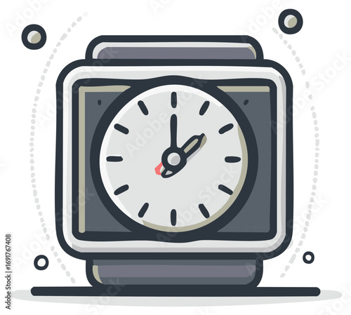 Hand-drawn alarm clock face showing nearly 2 o'clock with a red second hand detail