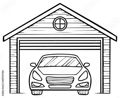 Line Drawing of Car Parked in Garage with Opened Door, Showing the Front of the Vehicle