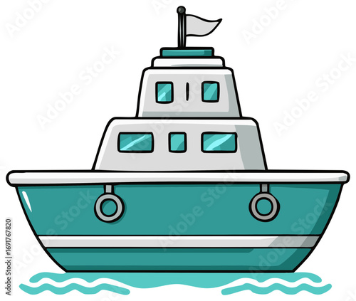 Cartoon boat illustration with teal color, flag, and waves