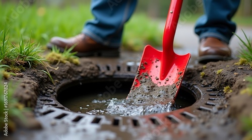 Gardener s hands digging out debris from a storm drain with a bright red shovel on a grassy outdoor path
