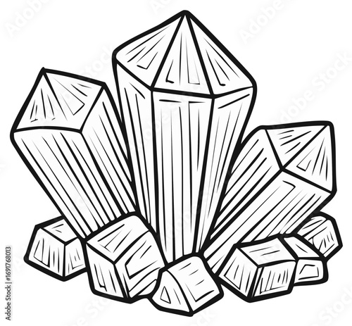 Stylized cluster of geometric crystals line art drawing