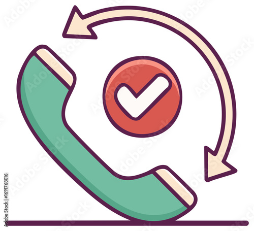 Curved phone handset with confirmation checkmark icon and looping arrows in flat design