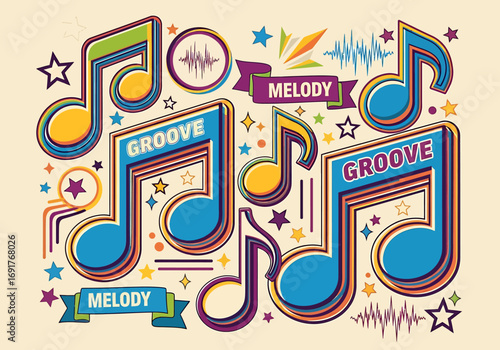 Colorful Musical Notes with Groove and Melody Text, Stars, and Sound Waves.