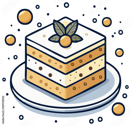 Layered Cake with Mint Garnishing on Plate Cartoon Styled Sweet Dessert