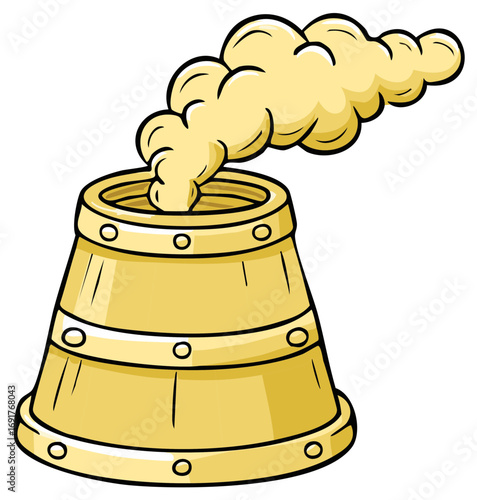 Cartoon illustration of a yellow factory chimney or industrial pipe emitting smoke or steam