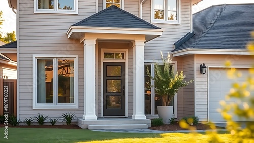 Modern suburban home with clean lines and soft morning light, surrounded by lush greenery.