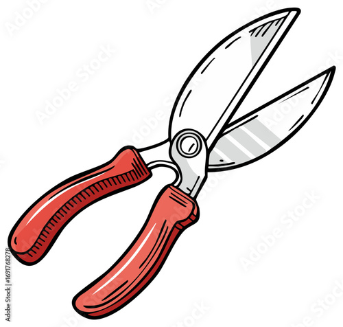 Heavy duty gardening shears with red handles used for pruning and trimming plants