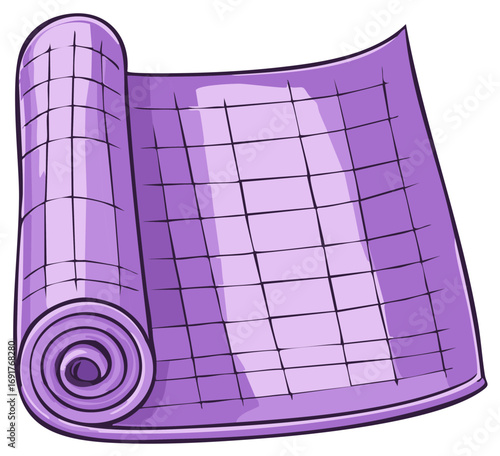 Vibrant purple rolled yoga mat cartoon illustration with grid pattern for exercise and relaxation