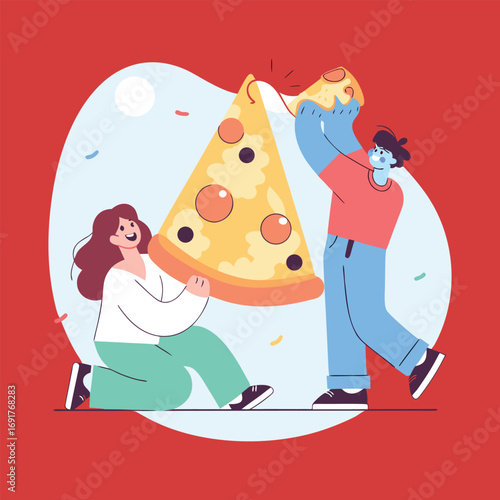Joyful friends sharing a giant slice of delicious pizza in a fun flat design