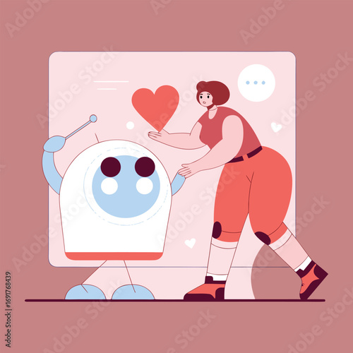 Futuristic robot and person interact with digital heart on screen